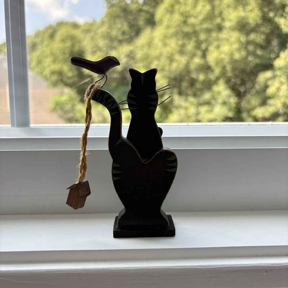 Vintage 90s Folk Art Black Gray Cat Kitty Heart Bird And Bird House Wood Decor